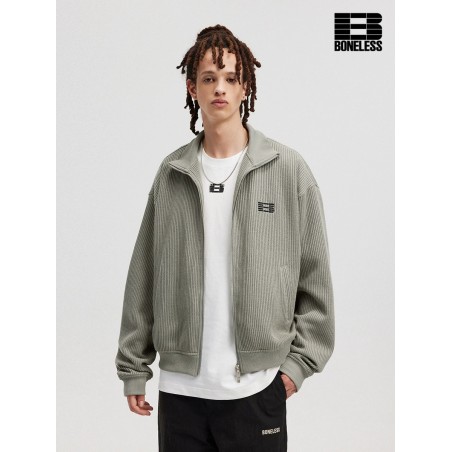 [BONELESS] Ribbed Zip-Up Track Jacket – Sage Green Stand Collar