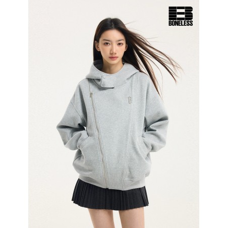[BONELESS] Asymmetric Zip Hoodie – Light Grey Oversized Funnel Neck Jacket