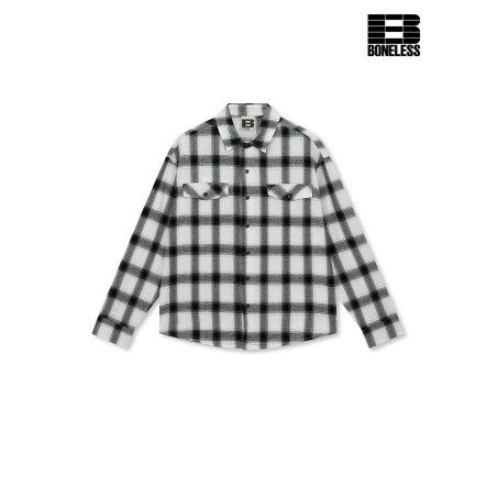 [BONELESS] Black & White Check Flannel Shirt – Long Sleeve Relaxed Fit