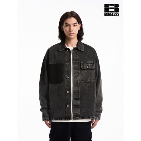 [BONELESS] Contrast Pocket Denim Overshirt – Washed Black Relaxed Jacket