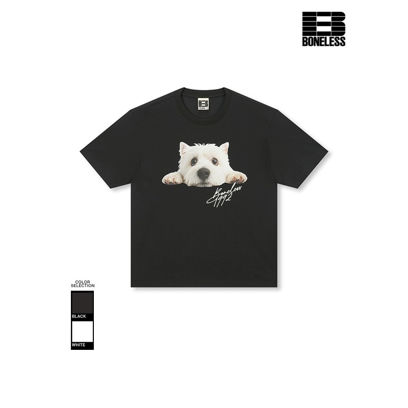 [BONELESS] Puppy Graphic T-Shirt – Cute Dog Print Tee, Black / White