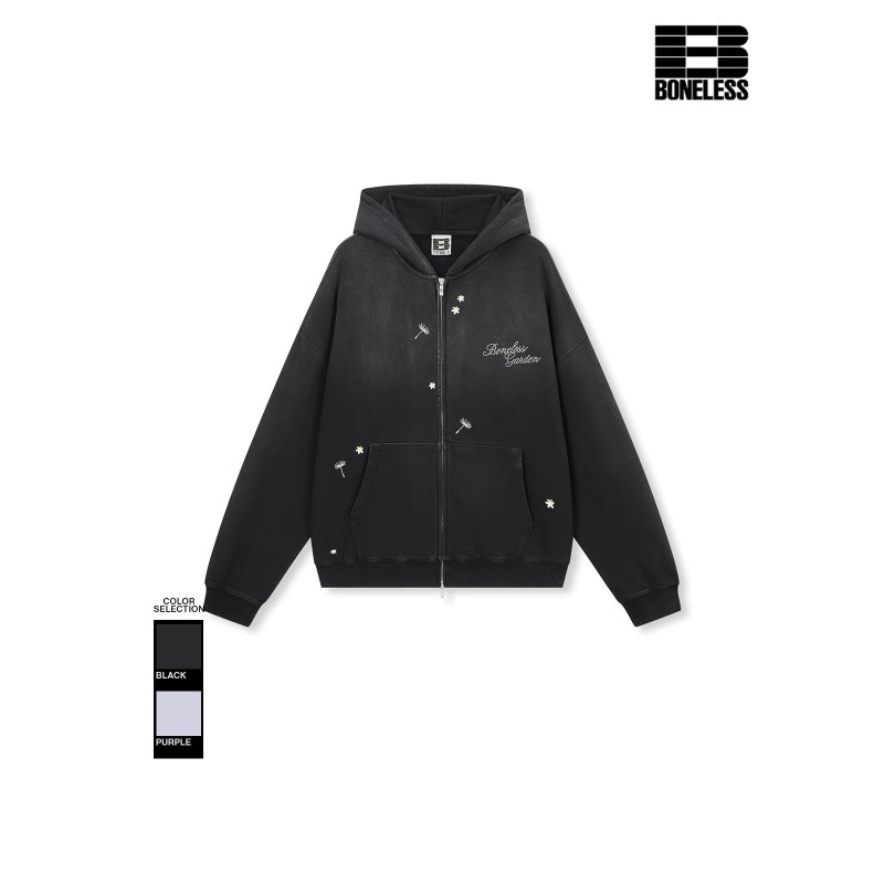 [BONELESS] Garden Zip-Up Hoodie – Dandelion Embroidered Sweatshirt, Black / Purple