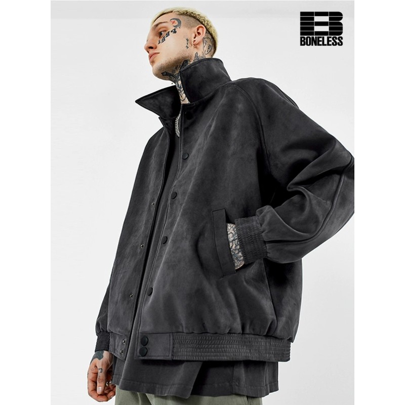 [BONELESS] Suede-Look Stand Collar Jacket – Charcoal Oversized Bomber