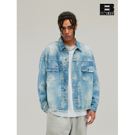 [BONELESS] Distressed Denim Jacket – Light Wash Oversized Trucker
