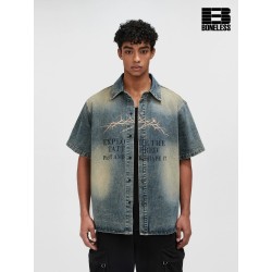 [BONELESS] Faded Denim Graphic Shirt – Short Sleeve Button-Up